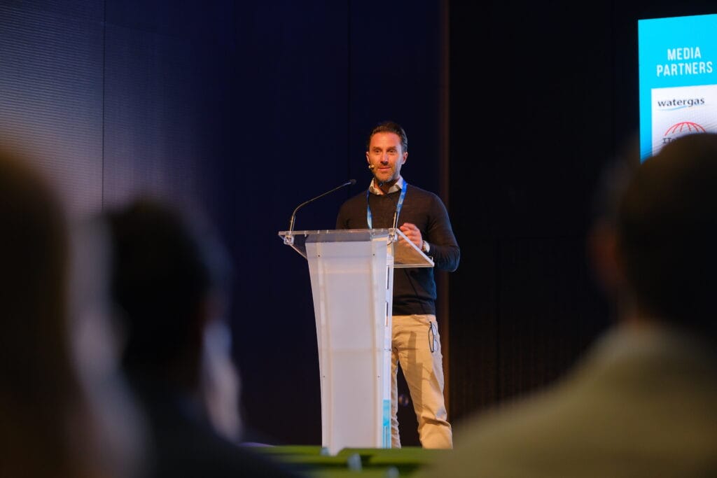 Michael Boot from Vertoro sharing insights on ETS2026 stage in Bilbao, Bizkaia, Spain. 